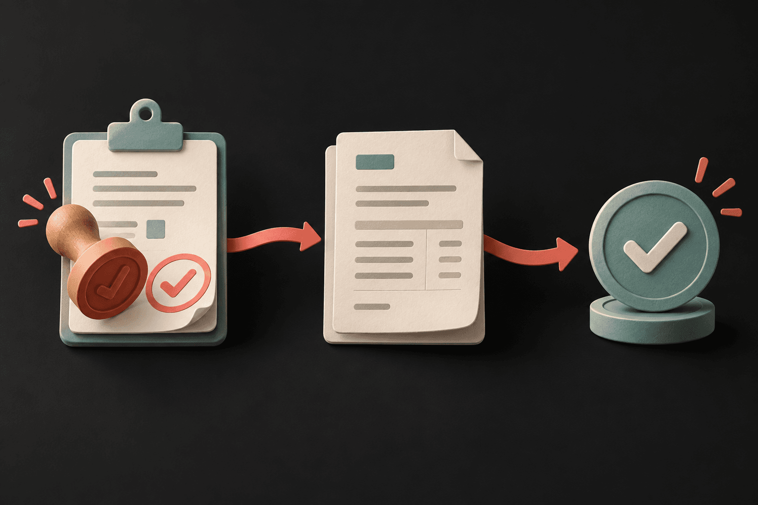 Illustration of service paperwork moving from approved job details to an invoice and approval mark.